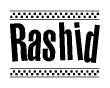 The image is a black and white clipart of the text Rashid in a bold, italicized font. The text is bordered by a dotted line on the top and bottom, and there are checkered flags positioned at both ends of the text, usually associated with racing or finishing lines.