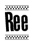 The image is a black and white clipart of the text Ree in a bold, italicized font. The text is bordered by a dotted line on the top and bottom, and there are checkered flags positioned at both ends of the text, usually associated with racing or finishing lines.