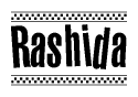 The image contains the text Rashida in a bold, stylized font, with a checkered flag pattern bordering the top and bottom of the text.