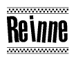 The image is a black and white clipart of the text Reinne in a bold, italicized font. The text is bordered by a dotted line on the top and bottom, and there are checkered flags positioned at both ends of the text, usually associated with racing or finishing lines.