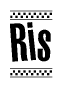 The image is a black and white clipart of the text Ris in a bold, italicized font. The text is bordered by a dotted line on the top and bottom, and there are checkered flags positioned at both ends of the text, usually associated with racing or finishing lines.