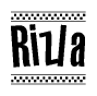 The image is a black and white clipart of the text Rizla in a bold, italicized font. The text is bordered by a dotted line on the top and bottom, and there are checkered flags positioned at both ends of the text, usually associated with racing or finishing lines.