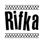 The image is a black and white clipart of the text Rifka in a bold, italicized font. The text is bordered by a dotted line on the top and bottom, and there are checkered flags positioned at both ends of the text, usually associated with racing or finishing lines.