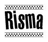 The image is a black and white clipart of the text Risma in a bold, italicized font. The text is bordered by a dotted line on the top and bottom, and there are checkered flags positioned at both ends of the text, usually associated with racing or finishing lines.