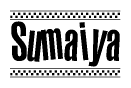 The image contains the text Sumaiya in a bold, stylized font, with a checkered flag pattern bordering the top and bottom of the text.