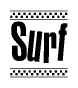 The image is a black and white clipart of the text Surf in a bold, italicized font. The text is bordered by a dotted line on the top and bottom, and there are checkered flags positioned at both ends of the text, usually associated with racing or finishing lines.