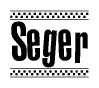 The image contains the text Seger in a bold, stylized font, with a checkered flag pattern bordering the top and bottom of the text.