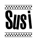The clipart image displays the text Susi in a bold, stylized font. It is enclosed in a rectangular border with a checkerboard pattern running below and above the text, similar to a finish line in racing. 