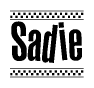 The image is a black and white clipart of the text Sadie in a bold, italicized font. The text is bordered by a dotted line on the top and bottom, and there are checkered flags positioned at both ends of the text, usually associated with racing or finishing lines.