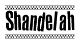 The image is a black and white clipart of the text Shandelah in a bold, italicized font. The text is bordered by a dotted line on the top and bottom, and there are checkered flags positioned at both ends of the text, usually associated with racing or finishing lines.