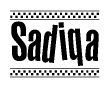 The image contains the text Sadiqa in a bold, stylized font, with a checkered flag pattern bordering the top and bottom of the text.