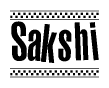 The image is a black and white clipart of the text Sakshi in a bold, italicized font. The text is bordered by a dotted line on the top and bottom, and there are checkered flags positioned at both ends of the text, usually associated with racing or finishing lines.