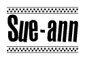 The clipart image displays the text Sue-ann in a bold, stylized font. It is enclosed in a rectangular border with a checkerboard pattern running below and above the text, similar to a finish line in racing. 