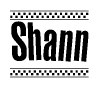 The image is a black and white clipart of the text Shann in a bold, italicized font. The text is bordered by a dotted line on the top and bottom, and there are checkered flags positioned at both ends of the text, usually associated with racing or finishing lines.