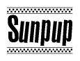 The image is a black and white clipart of the text Sunpup in a bold, italicized font. The text is bordered by a dotted line on the top and bottom, and there are checkered flags positioned at both ends of the text, usually associated with racing or finishing lines.