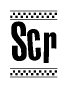 The image is a black and white clipart of the text Scr in a bold, italicized font. The text is bordered by a dotted line on the top and bottom, and there are checkered flags positioned at both ends of the text, usually associated with racing or finishing lines.