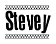 The image is a black and white clipart of the text Stevey in a bold, italicized font. The text is bordered by a dotted line on the top and bottom, and there are checkered flags positioned at both ends of the text, usually associated with racing or finishing lines.