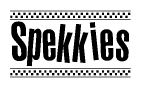 The image is a black and white clipart of the text Spekkies in a bold, italicized font. The text is bordered by a dotted line on the top and bottom, and there are checkered flags positioned at both ends of the text, usually associated with racing or finishing lines.