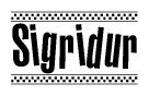 The clipart image displays the text Sigridur in a bold, stylized font. It is enclosed in a rectangular border with a checkerboard pattern running below and above the text, similar to a finish line in racing. 