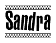 The image contains the text Sandra in a bold, stylized font, with a checkered flag pattern bordering the top and bottom of the text.