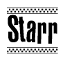 The image is a black and white clipart of the text Starr in a bold, italicized font. The text is bordered by a dotted line on the top and bottom, and there are checkered flags positioned at both ends of the text, usually associated with racing or finishing lines.