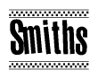 The image is a black and white clipart of the text Smiths in a bold, italicized font. The text is bordered by a dotted line on the top and bottom, and there are checkered flags positioned at both ends of the text, usually associated with racing or finishing lines.