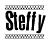 The image contains the text Steffy in a bold, stylized font, with a checkered flag pattern bordering the top and bottom of the text.