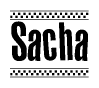 The image is a black and white clipart of the text Sacha in a bold, italicized font. The text is bordered by a dotted line on the top and bottom, and there are checkered flags positioned at both ends of the text, usually associated with racing or finishing lines.