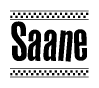 The image is a black and white clipart of the text Saane in a bold, italicized font. The text is bordered by a dotted line on the top and bottom, and there are checkered flags positioned at both ends of the text, usually associated with racing or finishing lines.