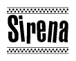 The image is a black and white clipart of the text Sirena in a bold, italicized font. The text is bordered by a dotted line on the top and bottom, and there are checkered flags positioned at both ends of the text, usually associated with racing or finishing lines.
