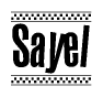 The clipart image displays the text Sayel in a bold, stylized font. It is enclosed in a rectangular border with a checkerboard pattern running below and above the text, similar to a finish line in racing. 