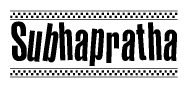 The image contains the text Subhapratha in a bold, stylized font, with a checkered flag pattern bordering the top and bottom of the text.