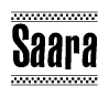 The image is a black and white clipart of the text Saara in a bold, italicized font. The text is bordered by a dotted line on the top and bottom, and there are checkered flags positioned at both ends of the text, usually associated with racing or finishing lines.