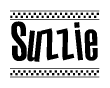 The image is a black and white clipart of the text Suzzie in a bold, italicized font. The text is bordered by a dotted line on the top and bottom, and there are checkered flags positioned at both ends of the text, usually associated with racing or finishing lines.