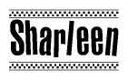 The clipart image displays the text Sharleen in a bold, stylized font. It is enclosed in a rectangular border with a checkerboard pattern running below and above the text, similar to a finish line in racing. 