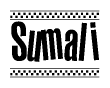 The image is a black and white clipart of the text Sumali in a bold, italicized font. The text is bordered by a dotted line on the top and bottom, and there are checkered flags positioned at both ends of the text, usually associated with racing or finishing lines.