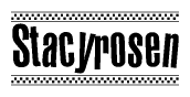 The clipart image displays the text Stacyrosen in a bold, stylized font. It is enclosed in a rectangular border with a checkerboard pattern running below and above the text, similar to a finish line in racing. 