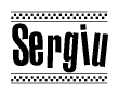 The image is a black and white clipart of the text Sergiu in a bold, italicized font. The text is bordered by a dotted line on the top and bottom, and there are checkered flags positioned at both ends of the text, usually associated with racing or finishing lines.