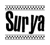 The image contains the text Surya in a bold, stylized font, with a checkered flag pattern bordering the top and bottom of the text.