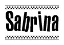 The clipart image displays the text Sabrina in a bold, stylized font. It is enclosed in a rectangular border with a checkerboard pattern running below and above the text, similar to a finish line in racing. 