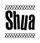 The image contains the text Shua in a bold, stylized font, with a checkered flag pattern bordering the top and bottom of the text.