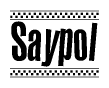 The image is a black and white clipart of the text Saypol in a bold, italicized font. The text is bordered by a dotted line on the top and bottom, and there are checkered flags positioned at both ends of the text, usually associated with racing or finishing lines.