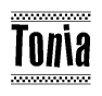 The clipart image displays the text Tonia in a bold, stylized font. It is enclosed in a rectangular border with a checkerboard pattern running below and above the text, similar to a finish line in racing. 