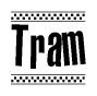 The image is a black and white clipart of the text Tram in a bold, italicized font. The text is bordered by a dotted line on the top and bottom, and there are checkered flags positioned at both ends of the text, usually associated with racing or finishing lines.
