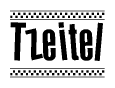 The image is a black and white clipart of the text Tzeitel in a bold, italicized font. The text is bordered by a dotted line on the top and bottom, and there are checkered flags positioned at both ends of the text, usually associated with racing or finishing lines.