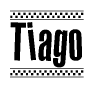 The image contains the text Tiago in a bold, stylized font, with a checkered flag pattern bordering the top and bottom of the text.