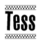 The image is a black and white clipart of the text Tess in a bold, italicized font. The text is bordered by a dotted line on the top and bottom, and there are checkered flags positioned at both ends of the text, usually associated with racing or finishing lines.