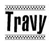 The image contains the text Travy in a bold, stylized font, with a checkered flag pattern bordering the top and bottom of the text.