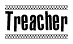 The image contains the text Treacher in a bold, stylized font, with a checkered flag pattern bordering the top and bottom of the text.
