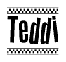 The image contains the text Teddi in a bold, stylized font, with a checkered flag pattern bordering the top and bottom of the text.